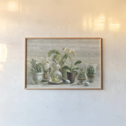 Greenhouse Orchids on Wood v2 by Danhui Nai. shown as a paper print in a natural frame. Available as a archival giclee rolled canvas, fine art paper, or poster print. SKU 22240i.
