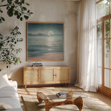 Half Moon Dream by Danhui Nai. Shown in a natural wood frame in a cozy modern living room. Available as an archival giclee rolled canvas, fine art paper, or poster print. SKU 57241a.