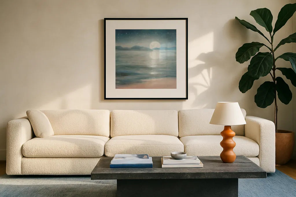 Half Moon Dream by Danhui Nai. Displayed in a glass frame with matte in a clean modern living room. Available as an archival giclee rolled canvas, fine art paper, or poster print. SKU 57241a.