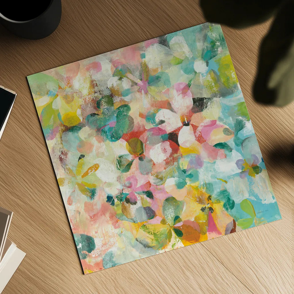 Happy Garden by Danhui Nai. Shown as a detailed flat fine art print, highlighting archival giclee quality. Available as an archival giclee rolled canvas, fine art paper, or poster print. SKU 47247a.