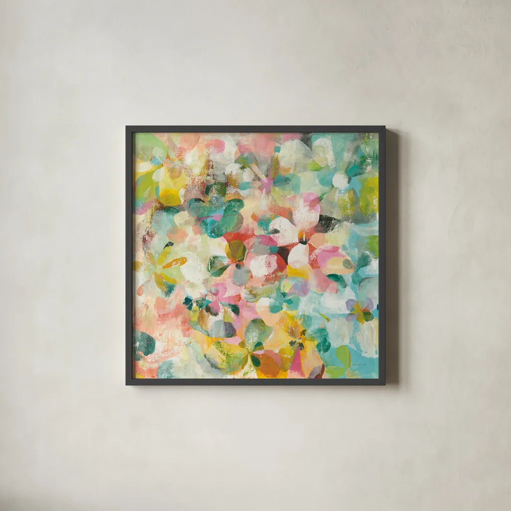 Happy Garden by Danhui Nai. Shown in a sleek black glass frame for a contemporary gallery look. Available as an archival giclee rolled canvas, fine art paper, or poster print. SKU 47247a.
