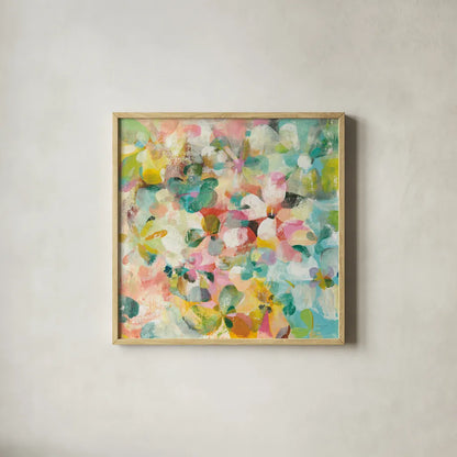 Happy Garden by Danhui Nai. Shown in a natural wood glass frame for a timeless modern aesthetic. Available as an archival giclee rolled canvas, fine art paper, or poster print. SKU 47247a.