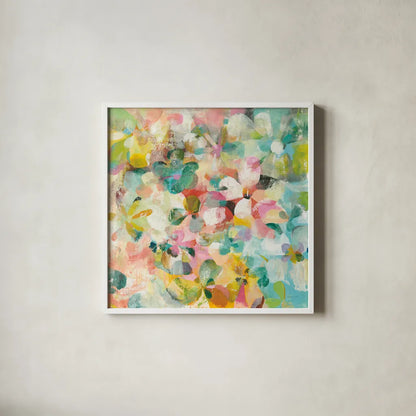 Happy Garden by Danhui Nai. Shown in a crisp white glass frame for a clean and minimalist style. Available as an archival giclee rolled canvas, fine art paper, or poster print. SKU 47247a.