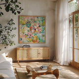Happy Garden by Danhui Nai. Shown in a natural wood frame in a cozy modern living room. Available as an archival giclee rolled canvas, fine art paper, or poster print. SKU 47247a.