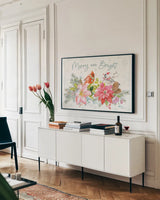Happy Holidays I by Danhui Nai. shown as a framed stretched canvas in a living room above a console. Available as a archival giclee rolled canvas, fine art paper, or poster print. SKU 86204i.