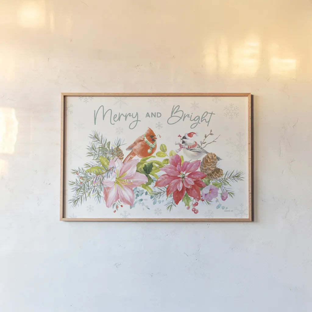 Happy Holidays I by Danhui Nai. shown as a paper print in a natural frame. Available as a archival giclee rolled canvas, fine art paper, or poster print. SKU 86204i.