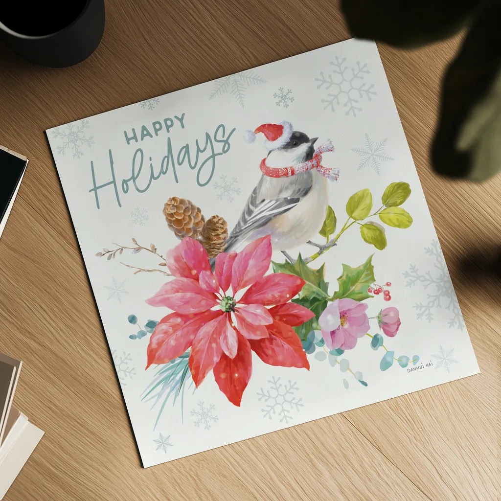 Happy Holidays II by Danhui Nai. Shown as a detailed flat fine art print, highlighting archival giclee quality. Available as an archival giclee rolled canvas, fine art paper, or poster print. SKU 86205a.