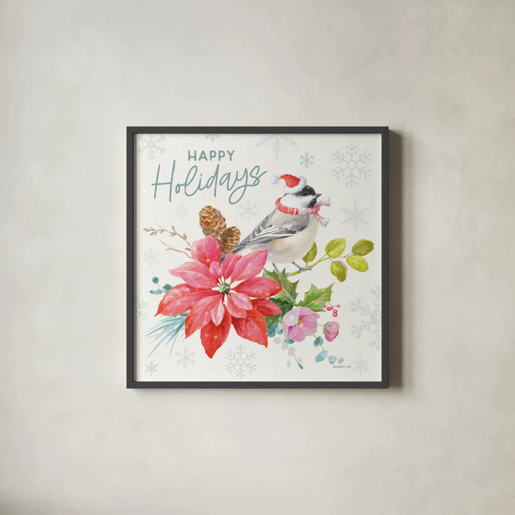 Happy Holidays II by Danhui Nai. Shown in a sleek black glass frame for a contemporary gallery look. Available as an archival giclee rolled canvas, fine art paper, or poster print. SKU 86205a.