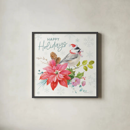 Happy Holidays II by Danhui Nai. Shown in a sleek black glass frame for a contemporary gallery look. Available as an archival giclee rolled canvas, fine art paper, or poster print. SKU 86205a.