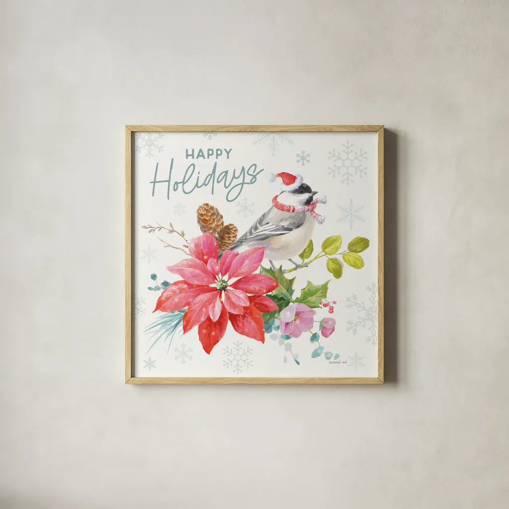Happy Holidays II by Danhui Nai. Shown in a natural wood glass frame for a timeless modern aesthetic. Available as an archival giclee rolled canvas, fine art paper, or poster print. SKU 86205a.