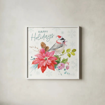 Happy Holidays II by Danhui Nai. Shown in a crisp white glass frame for a clean and minimalist style. Available as an archival giclee rolled canvas, fine art paper, or poster print. SKU 86205a.