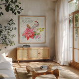 Happy Holidays II by Danhui Nai. Shown in a natural wood frame in a cozy modern living room. Available as an archival giclee rolled canvas, fine art paper, or poster print. SKU 86205a.