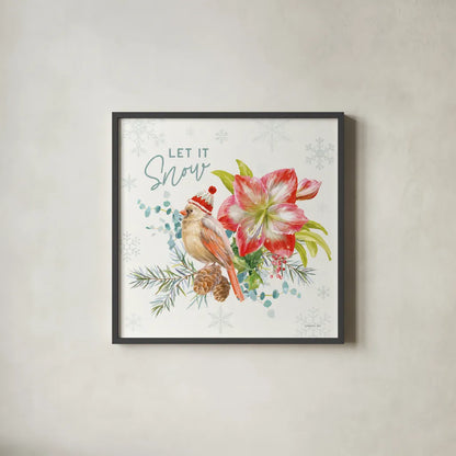 Happy Holidays III by Danhui Nai. Shown in a sleek black glass frame for a contemporary gallery look. Available as an archival giclee rolled canvas, fine art paper, or poster print. SKU 86206a.