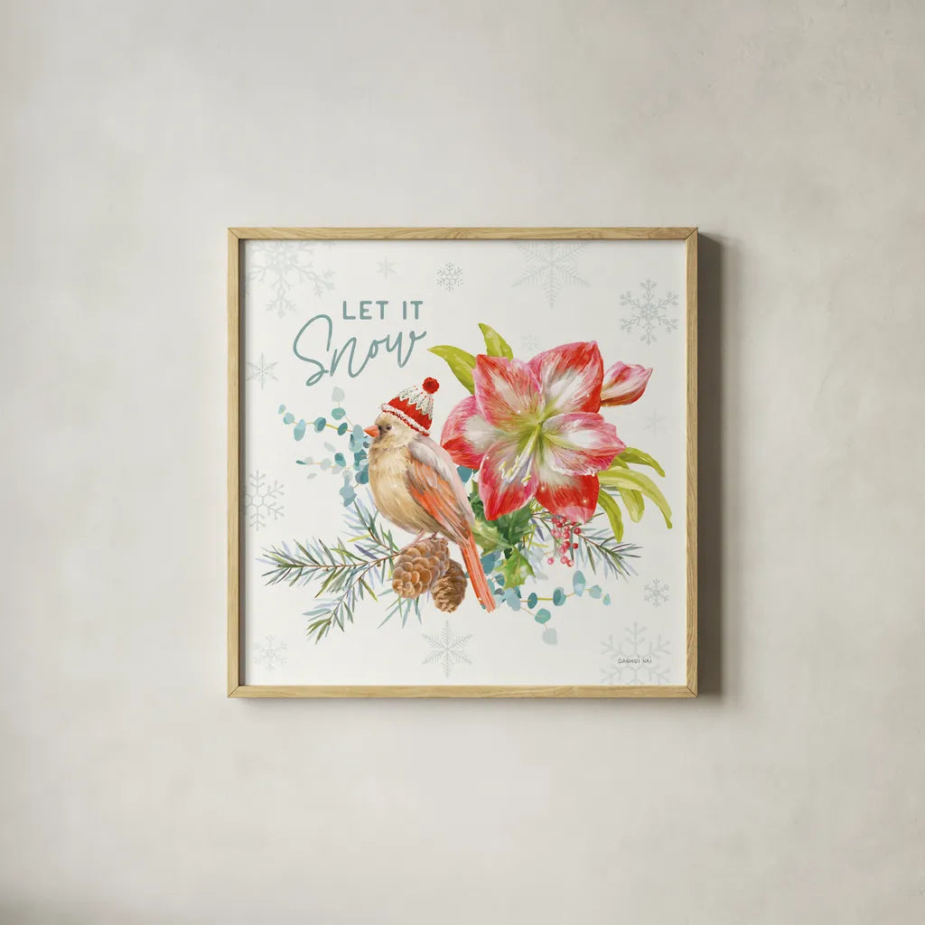 Happy Holidays III by Danhui Nai. Shown in a natural wood glass frame for a timeless modern aesthetic. Available as an archival giclee rolled canvas, fine art paper, or poster print. SKU 86206a.