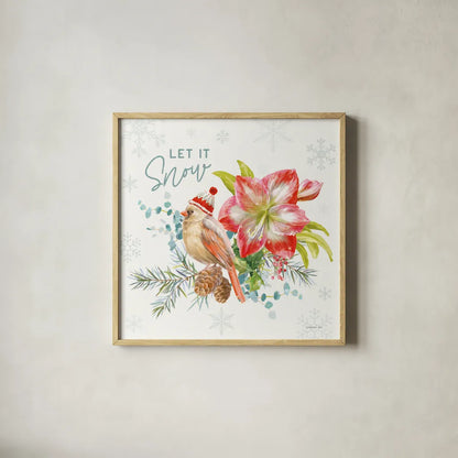 Happy Holidays III by Danhui Nai. Shown in a natural wood glass frame for a timeless modern aesthetic. Available as an archival giclee rolled canvas, fine art paper, or poster print. SKU 86206a.