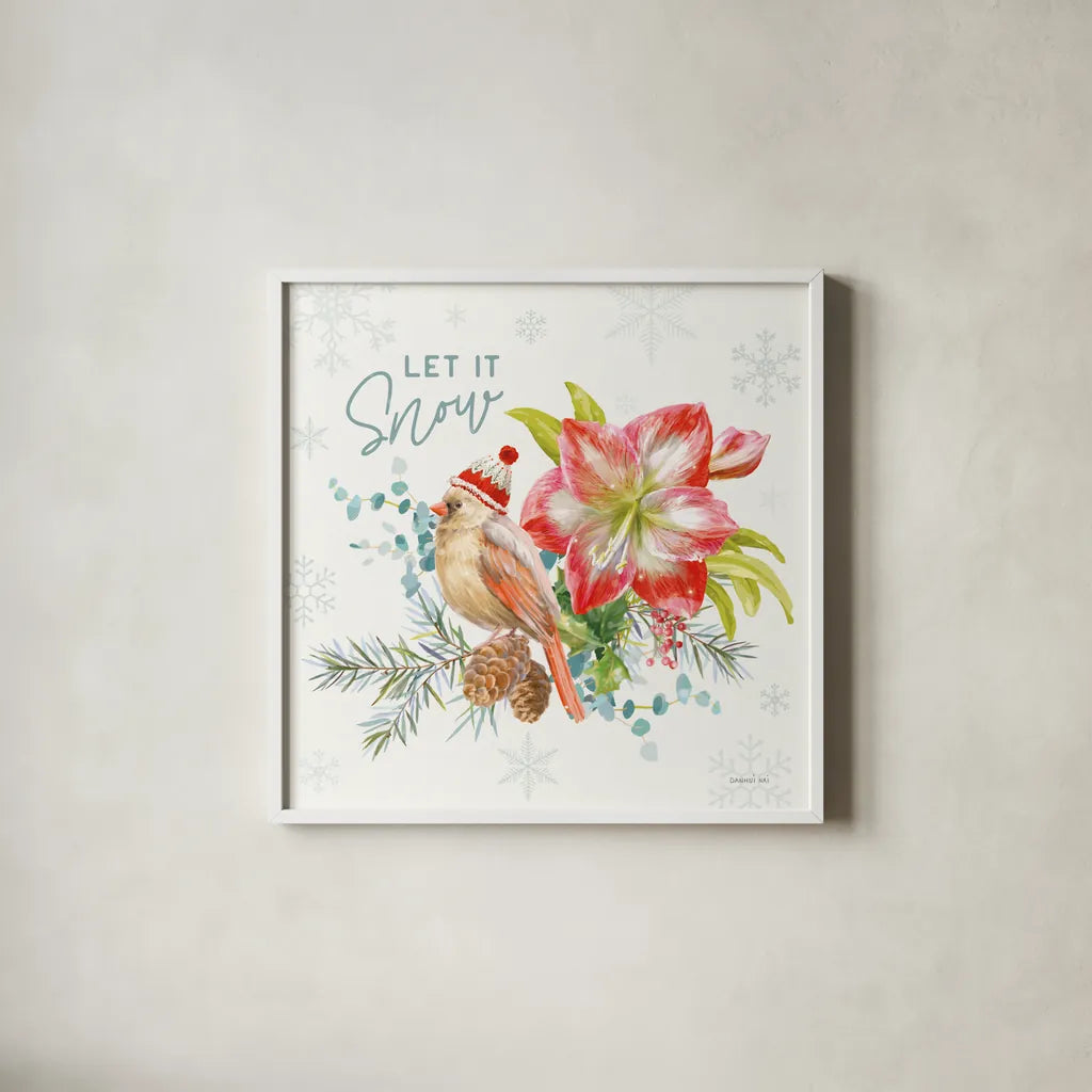 Happy Holidays III by Danhui Nai. Shown in a crisp white glass frame for a clean and minimalist style. Available as an archival giclee rolled canvas, fine art paper, or poster print. SKU 86206a.
