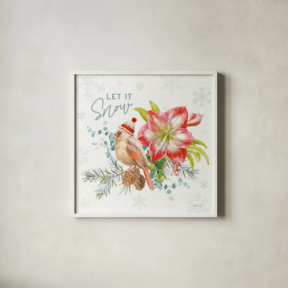 Happy Holidays III by Danhui Nai. Shown in a crisp white glass frame for a clean and minimalist style. Available as an archival giclee rolled canvas, fine art paper, or poster print. SKU 86206a.