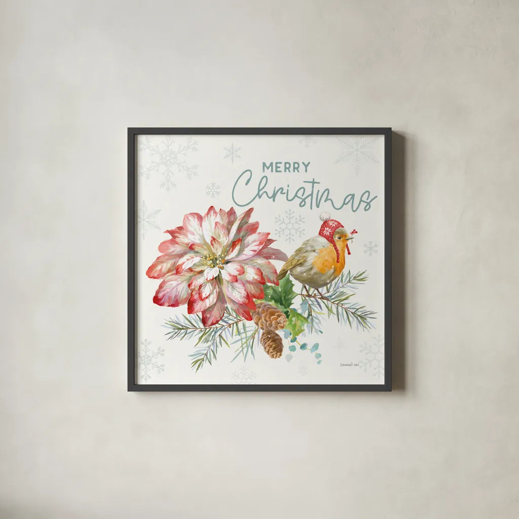 Happy Holidays IV by Danhui Nai. Shown in a sleek black glass frame for a contemporary gallery look. Available as an archival giclee rolled canvas, fine art paper, or poster print. SKU 86207a.