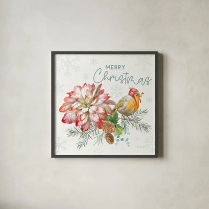 Happy Holidays IV by Danhui Nai. Shown in a sleek black glass frame for a contemporary gallery look. Available as an archival giclee rolled canvas, fine art paper, or poster print. SKU 86207a.