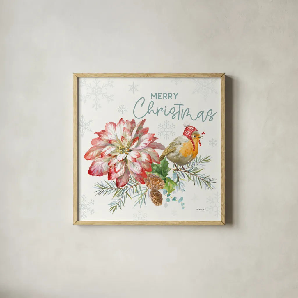 Happy Holidays IV by Danhui Nai. Shown in a natural wood glass frame for a timeless modern aesthetic. Available as an archival giclee rolled canvas, fine art paper, or poster print. SKU 86207a.