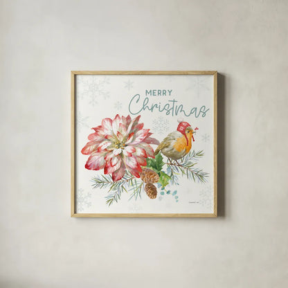 Happy Holidays IV by Danhui Nai. Shown in a natural wood glass frame for a timeless modern aesthetic. Available as an archival giclee rolled canvas, fine art paper, or poster print. SKU 86207a.