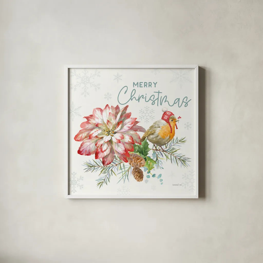 Happy Holidays IV by Danhui Nai. Shown in a crisp white glass frame for a clean and minimalist style. Available as an archival giclee rolled canvas, fine art paper, or poster print. SKU 86207a.