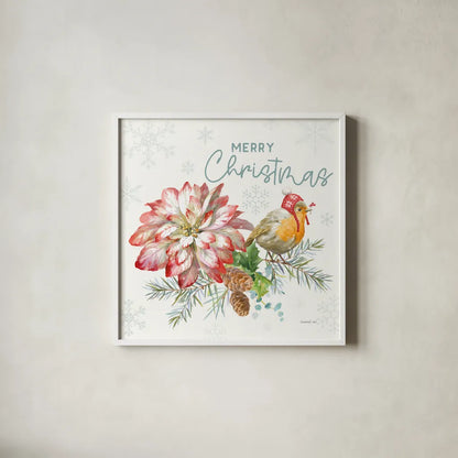 Happy Holidays IV by Danhui Nai. Shown in a crisp white glass frame for a clean and minimalist style. Available as an archival giclee rolled canvas, fine art paper, or poster print. SKU 86207a.