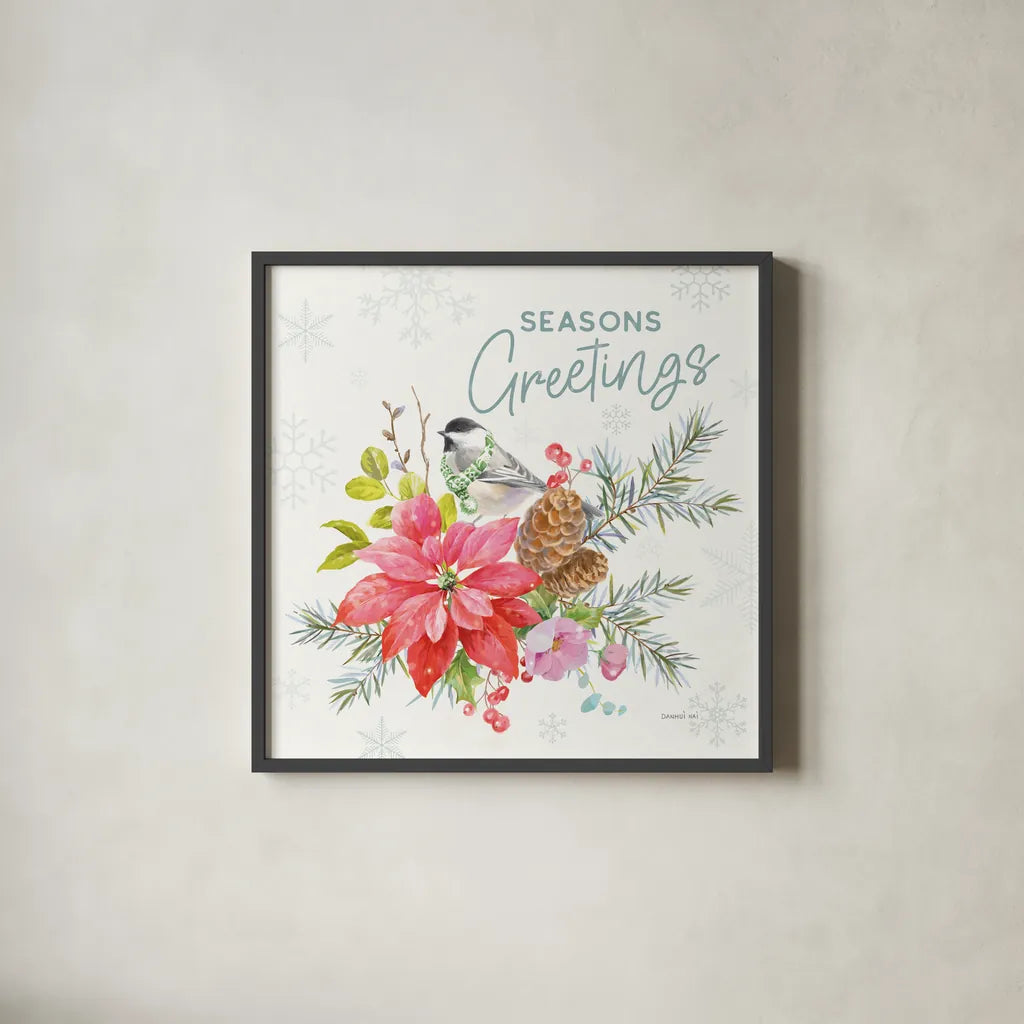 Happy Holidays V by Danhui Nai. Shown in a sleek black glass frame for a contemporary gallery look. Available as an archival giclee rolled canvas, fine art paper, or poster print. SKU 86208a.