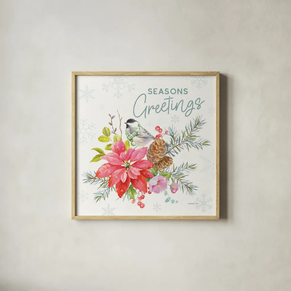 Happy Holidays V by Danhui Nai. Shown in a natural wood glass frame for a timeless modern aesthetic. Available as an archival giclee rolled canvas, fine art paper, or poster print. SKU 86208a.