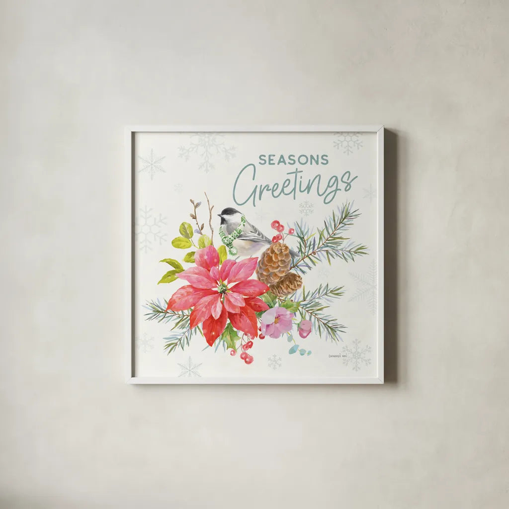 Happy Holidays V by Danhui Nai. Shown in a crisp white glass frame for a clean and minimalist style. Available as an archival giclee rolled canvas, fine art paper, or poster print. SKU 86208a.