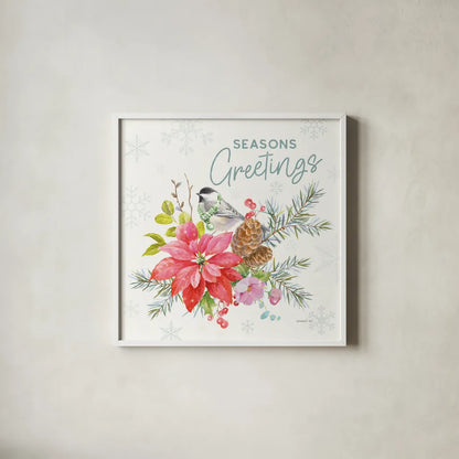 Happy Holidays V by Danhui Nai. Shown in a crisp white glass frame for a clean and minimalist style. Available as an archival giclee rolled canvas, fine art paper, or poster print. SKU 86208a.