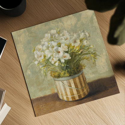 Hatbox Freesia by Danhui Nai. Shown as a detailed flat fine art print, highlighting archival giclee quality. Available as an archival giclee rolled canvas, fine art paper, or poster print. SKU 9335a.
