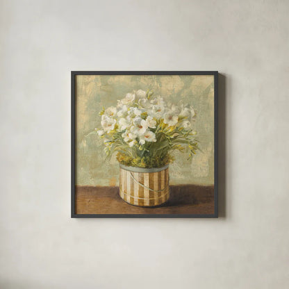 Hatbox Freesia by Danhui Nai. Shown in a sleek black glass frame for a contemporary gallery look. Available as an archival giclee rolled canvas, fine art paper, or poster print. SKU 9335a.