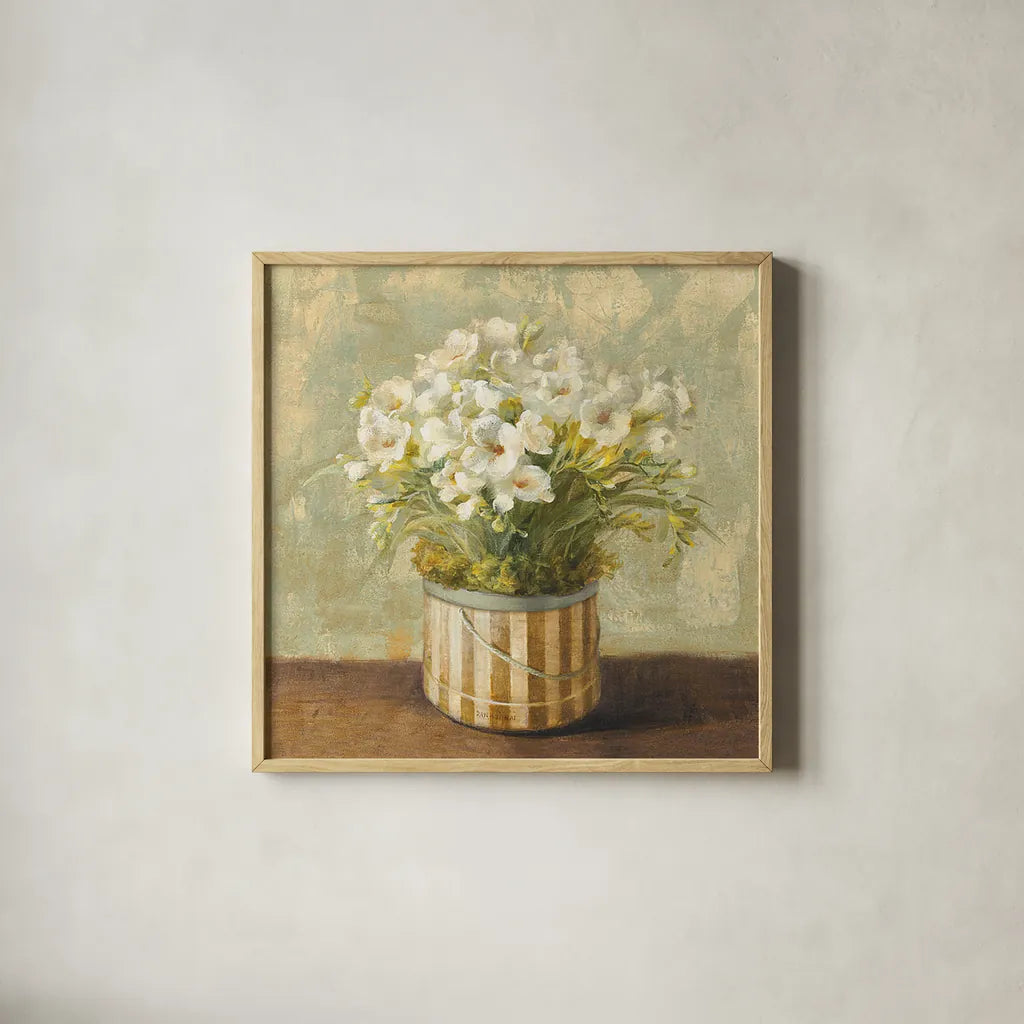 Hatbox Freesia by Danhui Nai. Shown in a natural wood glass frame for a timeless modern aesthetic. Available as an archival giclee rolled canvas, fine art paper, or poster print. SKU 9335a.