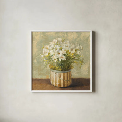 Hatbox Freesia by Danhui Nai. Shown in a crisp white glass frame for a clean and minimalist style. Available as an archival giclee rolled canvas, fine art paper, or poster print. SKU 9335a.
