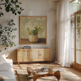 Hatbox Freesia by Danhui Nai. Shown in a natural wood frame in a cozy modern living room. Available as an archival giclee rolled canvas, fine art paper, or poster print. SKU 9335a.