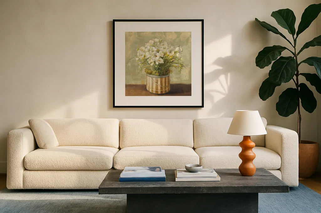 Hatbox Freesia by Danhui Nai. Displayed in a glass frame with matte in a clean modern living room. Available as an archival giclee rolled canvas, fine art paper, or poster print. SKU 9335a.
