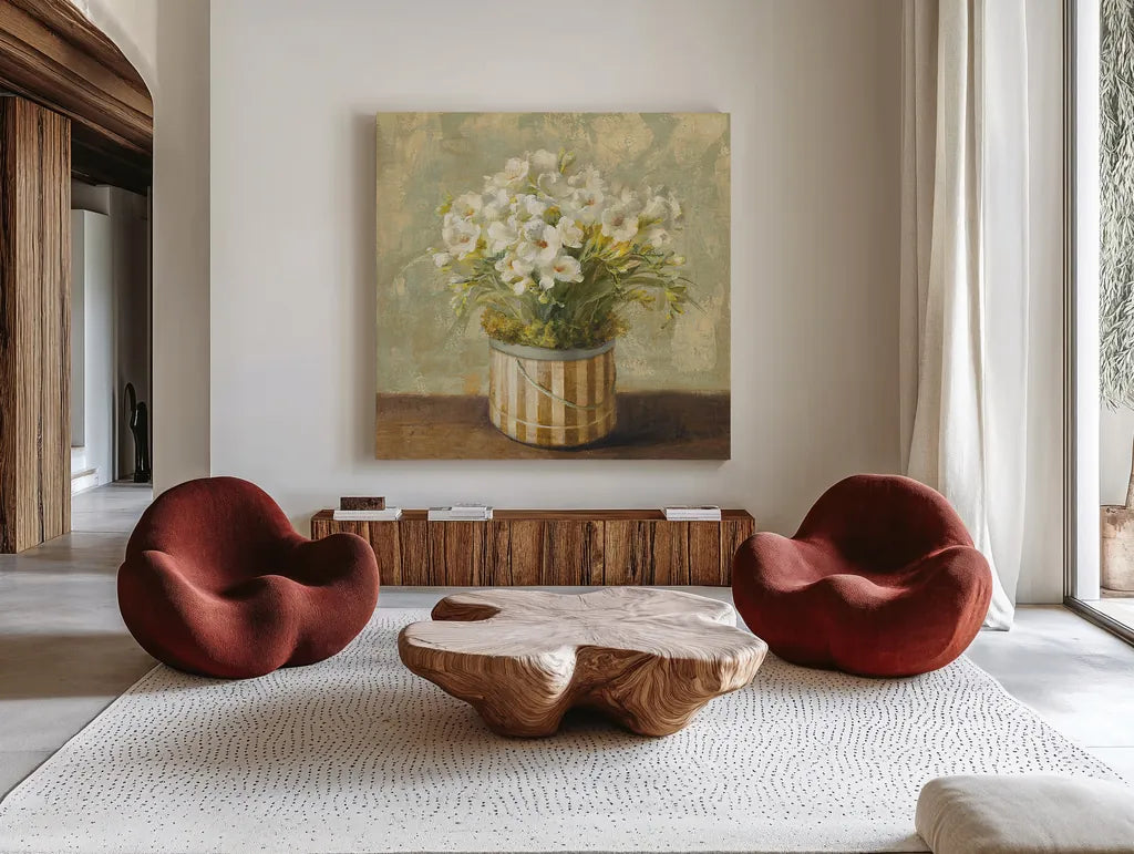 Hatbox Freesia by Danhui Nai. Shown as extra-large giant wall art in a modern living room. Available as an archival giclee rolled canvas, fine art paper, or poster print. SKU 9335a.