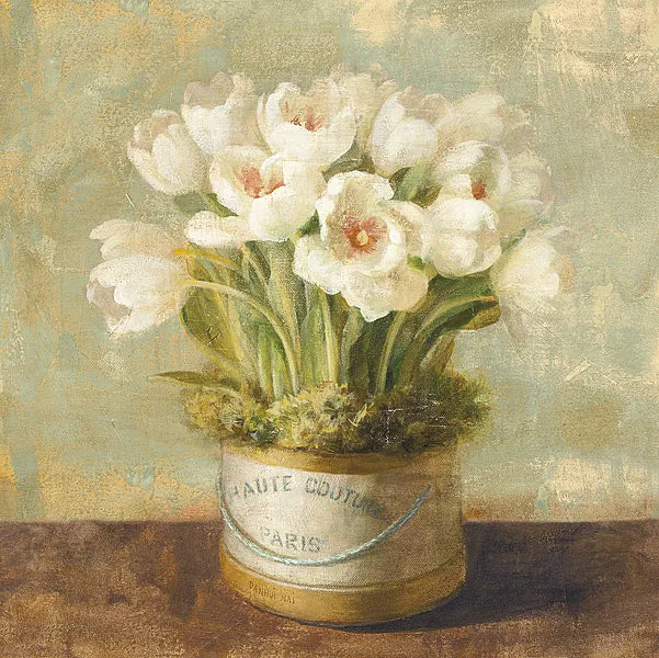 Hatbox Tulips by Danhui Nai. SKU 9336a. Archival Giclee Fine art print for wall decor.