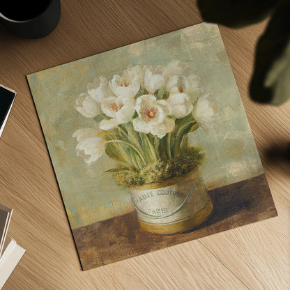Hatbox Tulips by Danhui Nai. Shown as a detailed flat fine art print, highlighting archival giclee quality. Available as an archival giclee rolled canvas, fine art paper, or poster print. SKU 9336a.