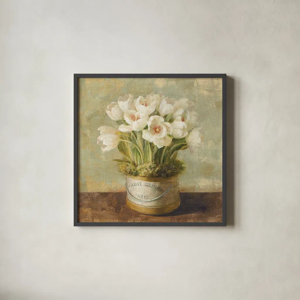 Hatbox Tulips by Danhui Nai. Shown in a sleek black glass frame for a contemporary gallery look. Available as an archival giclee rolled canvas, fine art paper, or poster print. SKU 9336a.