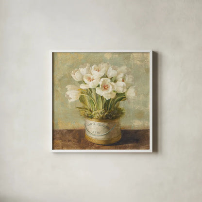 Hatbox Tulips by Danhui Nai. Shown in a crisp white glass frame for a clean and minimalist style. Available as an archival giclee rolled canvas, fine art paper, or poster print. SKU 9336a.