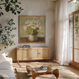 Hatbox Tulips by Danhui Nai. Shown in a natural wood frame in a cozy modern living room. Available as an archival giclee rolled canvas, fine art paper, or poster print. SKU 9336a.