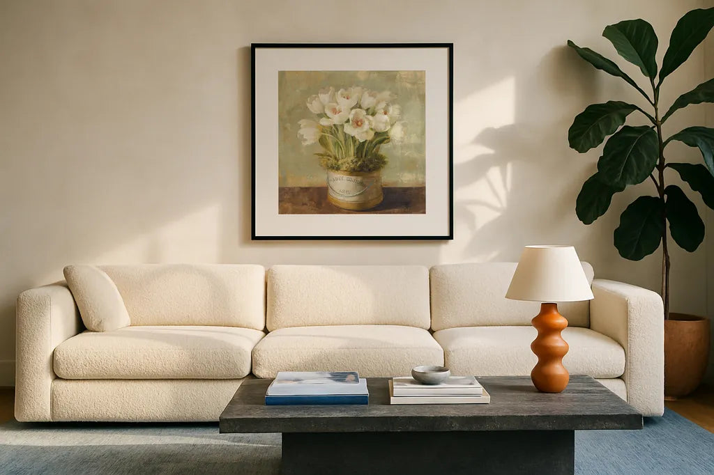 Hatbox Tulips by Danhui Nai. Displayed in a glass frame with matte in a clean modern living room. Available as an archival giclee rolled canvas, fine art paper, or poster print. SKU 9336a.