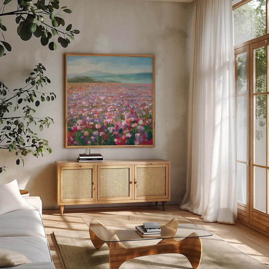 Headland Wildflowers by Danhui Nai. Shown in a natural wood frame in a cozy modern living room. Available as an archival giclee rolled canvas, fine art paper, or poster print. SKU 78720a.