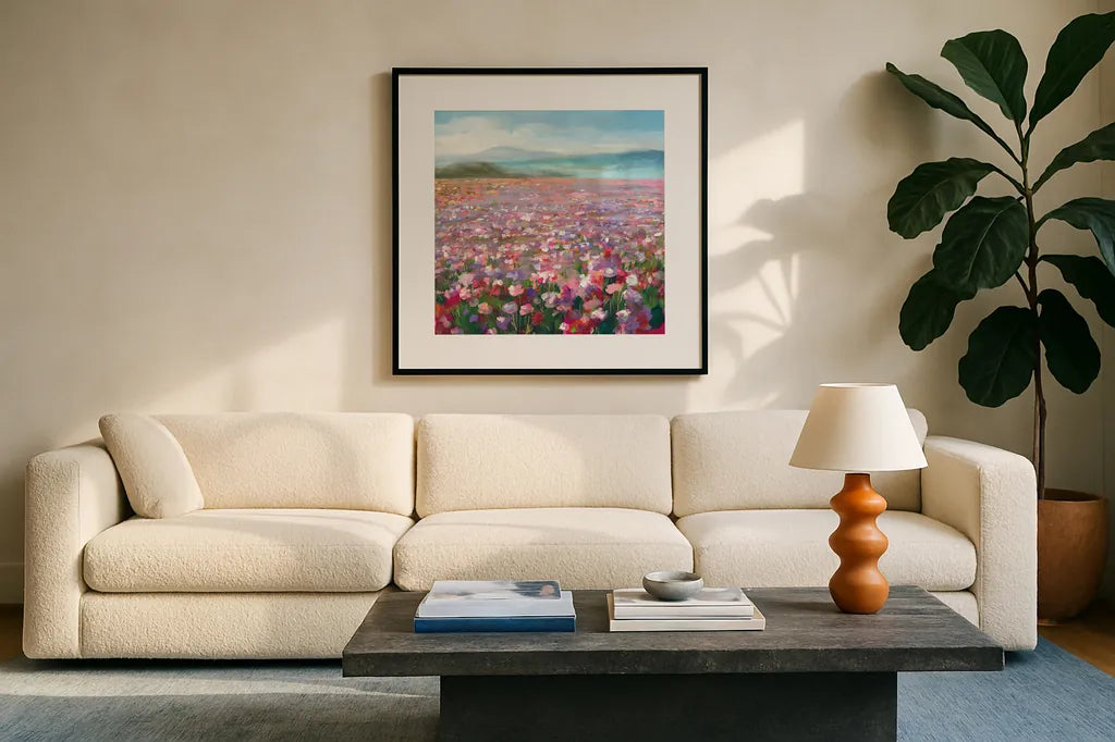 Headland Wildflowers by Danhui Nai. Displayed in a glass frame with matte in a clean modern living room. Available as an archival giclee rolled canvas, fine art paper, or poster print. SKU 78720a.
