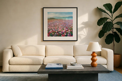 Headland Wildflowers by Danhui Nai. Displayed in a glass frame with matte in a clean modern living room. Available as an archival giclee rolled canvas, fine art paper, or poster print. SKU 78720a.