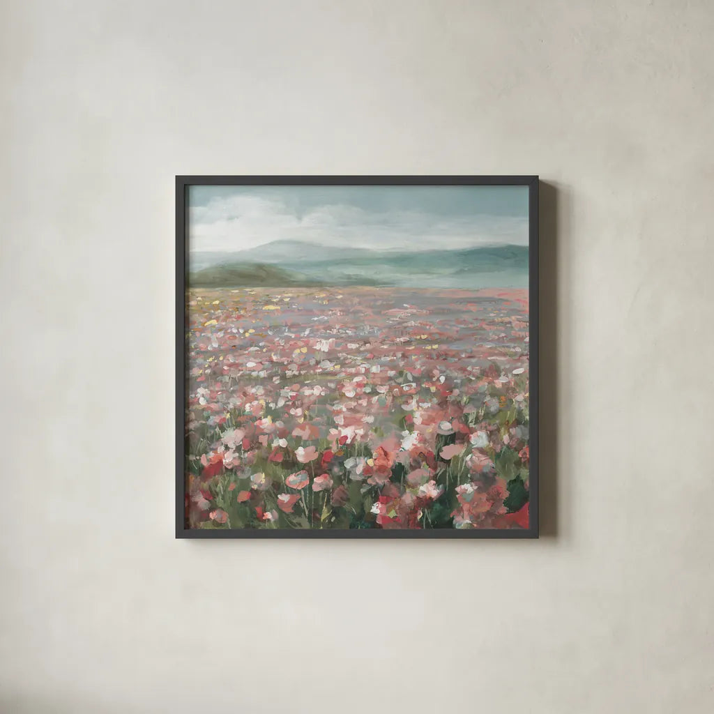 Headland Wildflowers Light by Danhui Nai. Shown in a sleek black glass frame for a contemporary gallery look. Available as an archival giclee rolled canvas, fine art paper, or poster print. SKU 88115a.