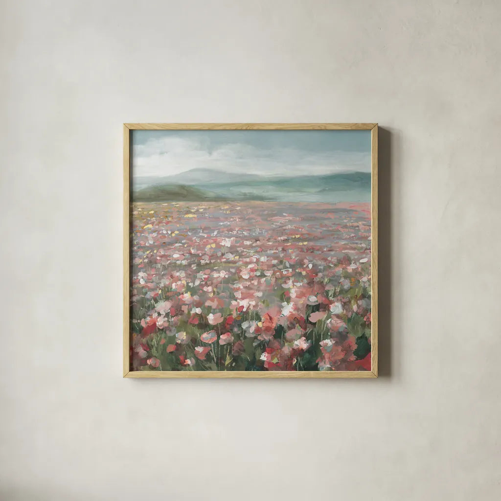 Headland Wildflowers Light by Danhui Nai. Shown in a natural wood glass frame for a timeless modern aesthetic. Available as an archival giclee rolled canvas, fine art paper, or poster print. SKU 88115a.
