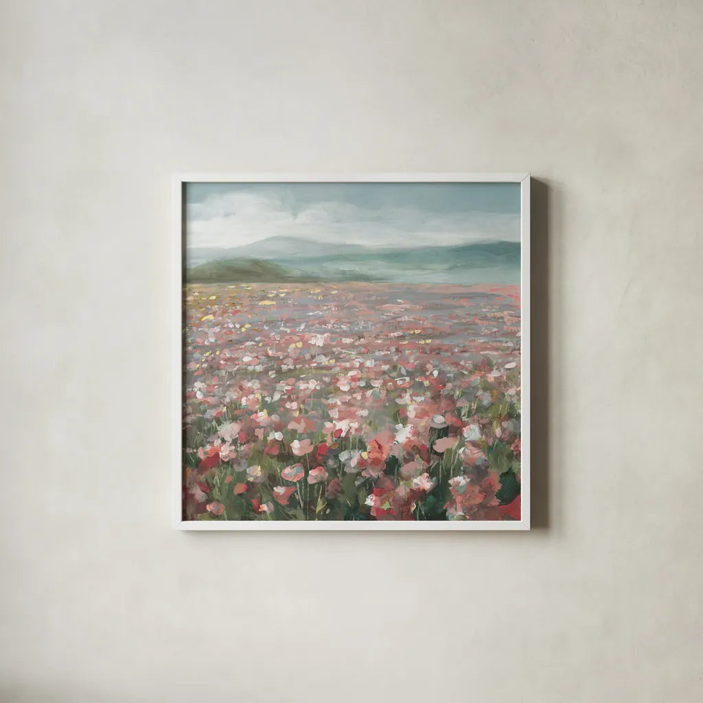 Headland Wildflowers Light by Danhui Nai. Shown in a crisp white glass frame for a clean and minimalist style. Available as an archival giclee rolled canvas, fine art paper, or poster print. SKU 88115a.